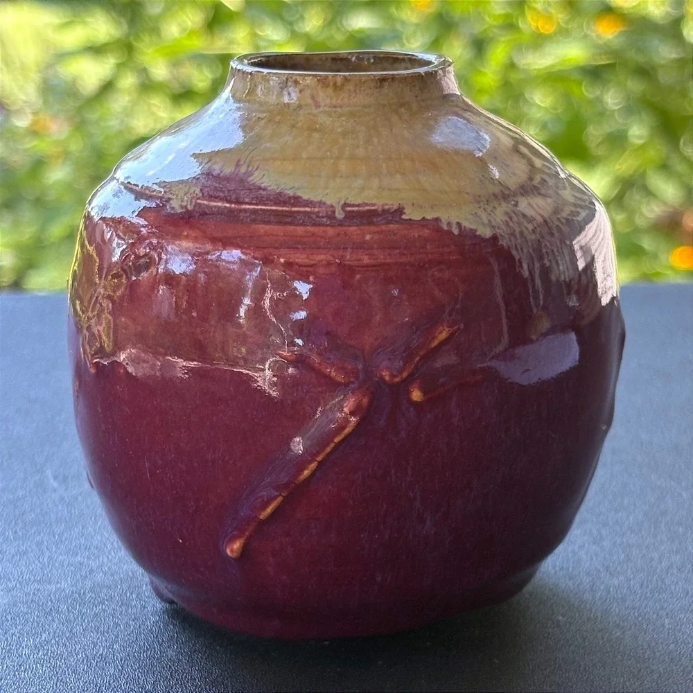 Studio Pottery Dragonfly Bud Vase Plum Purple Glazed Stoneware